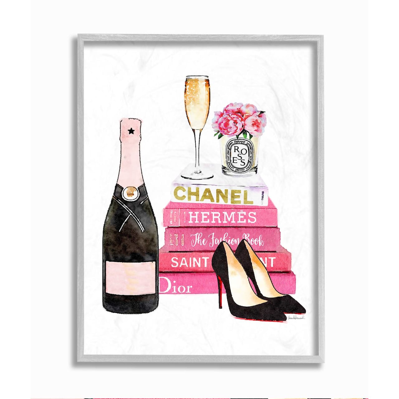 Stupell Industries Fashion Books, Heels & Champagne Glam Wall Art in Gray Frame
